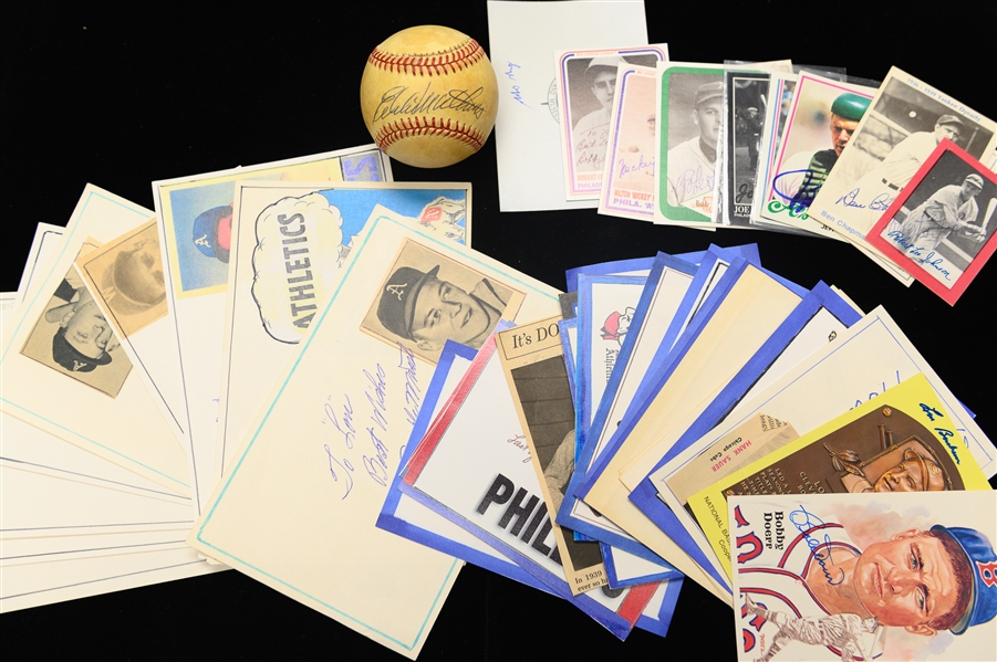 Lot of (40+) Autographed Baseball Index Cards and Misc. Cards and Cutouts w. Autographed Eddie Mathews Baseball PSA/DNA Certified (JSA Auction Letter)