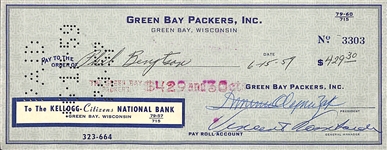 Rare 1959 Green Bay Packers Check Autographed by Vince Lombardi (Signed "Vincent Lombardi") - Full JSA Letter of Authenticity
