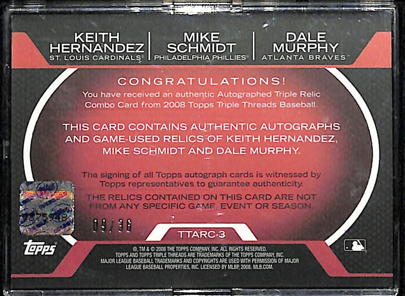 2008 Topps Triple Threads Triple Autograph & Relic - Mike Schmidt, Dale Murphy, Keith Hernandez #ed 9/36