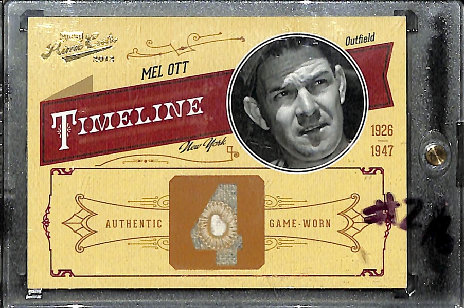 2012 Panini Prime Cuts Mel Ott Timeline Card w. Game-Used Jersey Relic Showing Jersey Button Hole (#ed 2/6)