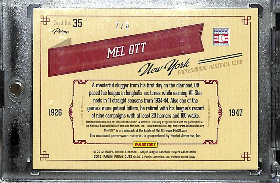 2012 Panini Prime Cuts Mel Ott Timeline Card w. Game-Used Jersey Relic Showing Jersey Button Hole (#ed 2/6)