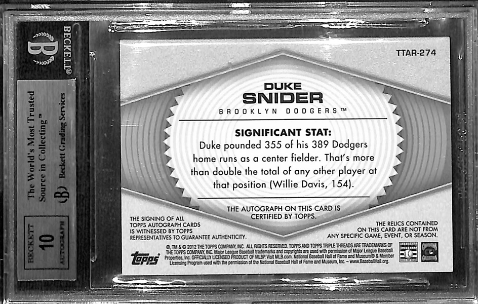 2012 Topps Triple Threads Duke Snider 15-Piece Bat Autograph Relic Card (#ed 10/18) Graded BGS 9 (10 Auto Grade)