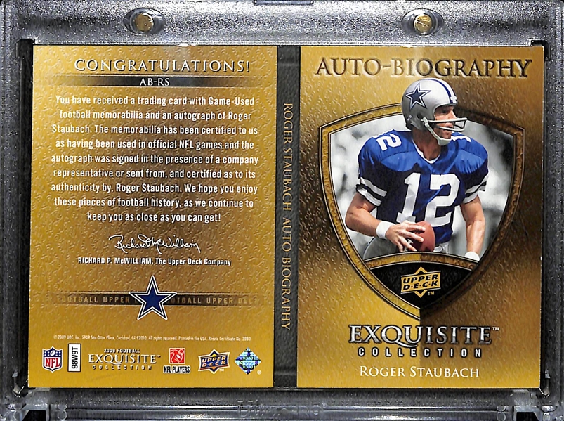 2009 Upper Deck Exquisite Roger Staubach Cowboys Auto-Biography Booklet Autographed 3-Piece Jersey Relic Card (#ed 56/75) w. On-Card Auto!