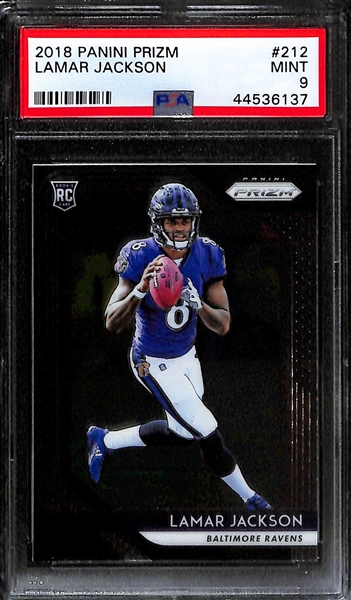 2018 Lamar Jackson Rookie Lot - Elite Aspirations Orange PSA 10 & Panini Prizm #212 PSA 9