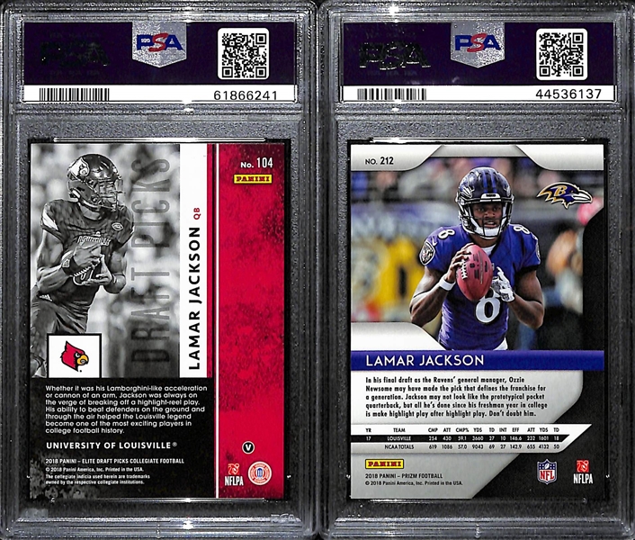 2018 Lamar Jackson Rookie Lot - Elite Aspirations Orange PSA 10 & Panini Prizm #212 PSA 9