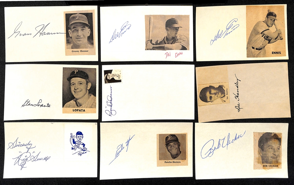 Lot of (70+) Baseball Mostly Phillies Autographed Index Cards w. (2) Dick Farrell, Jim Konstanty, Robin Roberts, John Calison, Jack Stanford, Roy Sievers and Others (JSA Auction Letter)