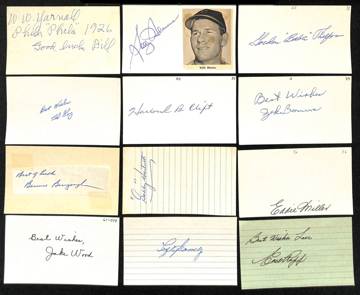 Lot of (200+) Baseball Autographed Index Cards w. Lefty Gomez, Jake Wood, Eddie Miller, and Others (JSA Auction Letter)