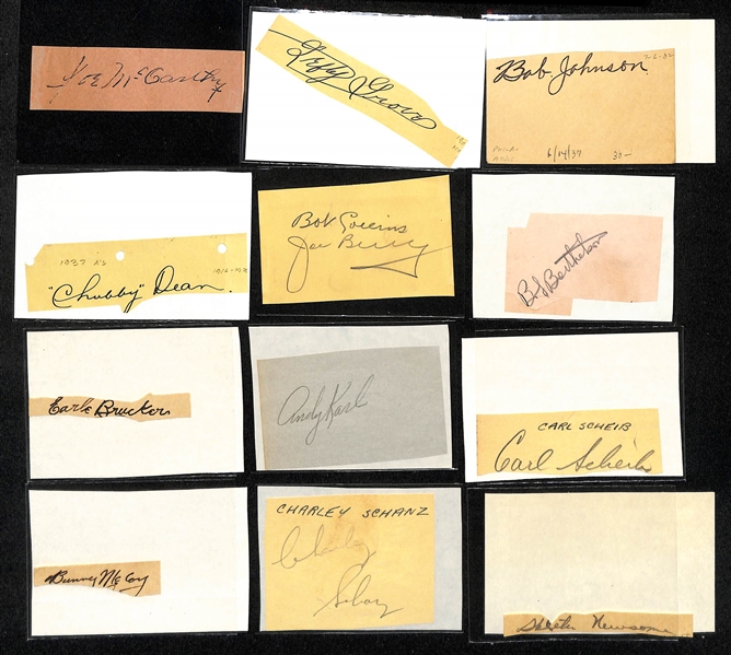 Lot of (95+) Baseball Autographed Paper Cuts w. Lefty Gomez, Joe McCarthy, Chubby Dean and others  (JSA Auction Letter)