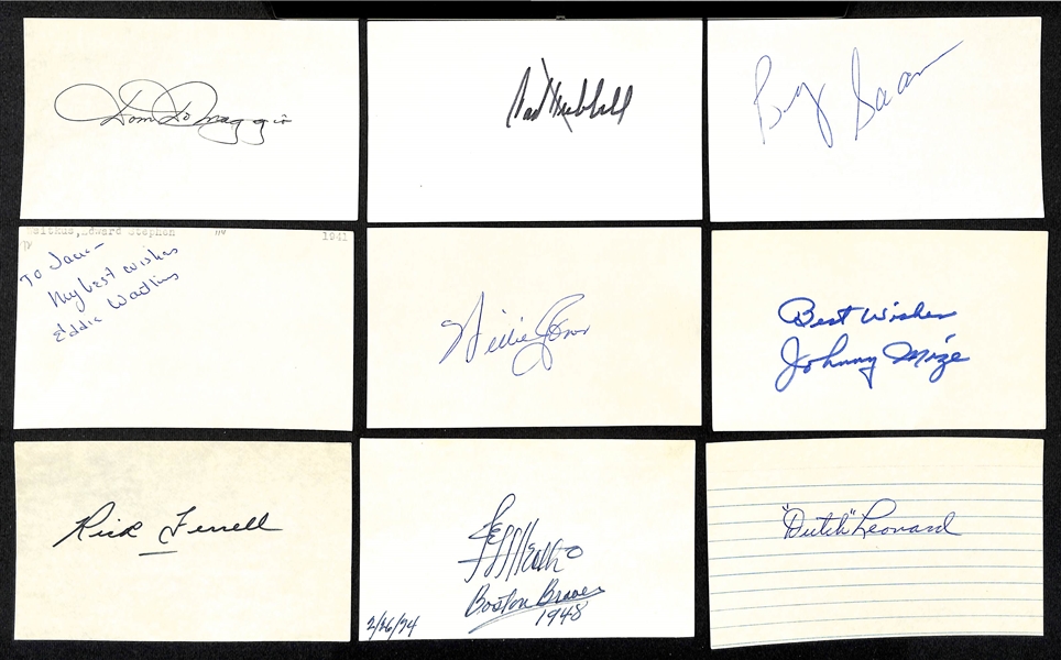 Lot of (210+) Sports Autographed Index cards w. Joe Gordon, By Saam, Eddie Waitkus, Rod Carew, Dom DiMaggio, Carl Hubbell, and Many More (JSA Auction Letter)