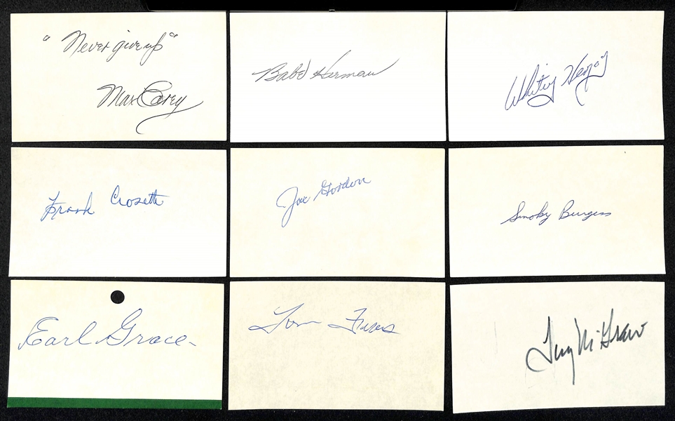 Lot of (210+) Sports Autographed Index cards w. Joe Gordon, By Saam, Eddie Waitkus, Rod Carew, Dom DiMaggio, Carl Hubbell, and Many More (JSA Auction Letter)