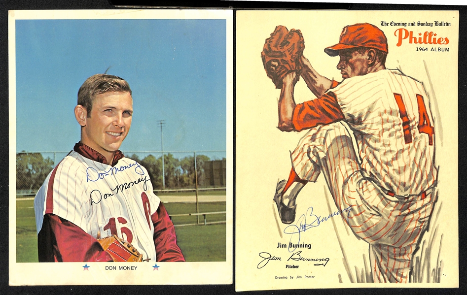 Lot of (24) Autographed Philadelphia Phillies Photos and Bulletins w. Jim Bunning and Others (JSA Auction Letter)