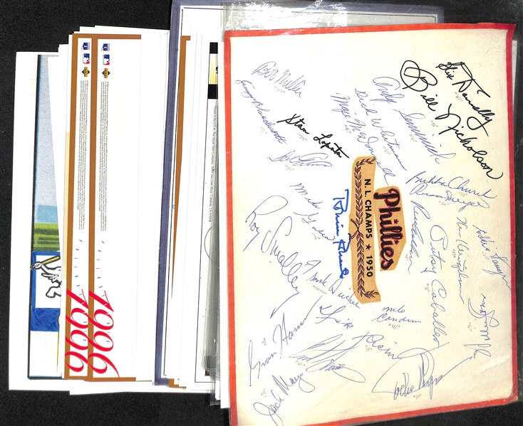 Lot of (70+) Custom Autographed Sheets of Mostly Phillies w. 1950 N.L. Champs Sheet Signed by (25+) w. Robin Roberts, Richie Ashburn and Many Others (JSA Auction Letter)