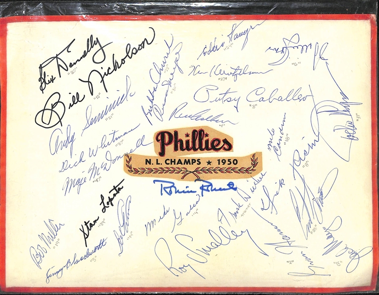 Lot of (70+) Custom Autographed Sheets of Mostly Phillies w. 1950 N.L. Champs Sheet Signed by (25+) w. Robin Roberts, Richie Ashburn and Many Others (JSA Auction Letter)