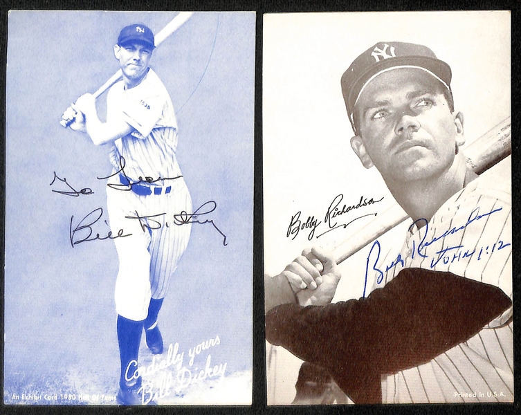 (9) Signed New York Yankees Exhibit Cards w. Berra, Lopat, Skowron, Dickey and Others (JSA Auction Letter)