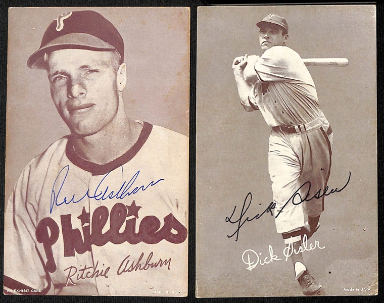 (14) Signed Phillies and A's Autographed Baseball Exhibit Cards w. Ashburn, Ennis, Sisler, Herzog and Others (JSA Auction Letter)