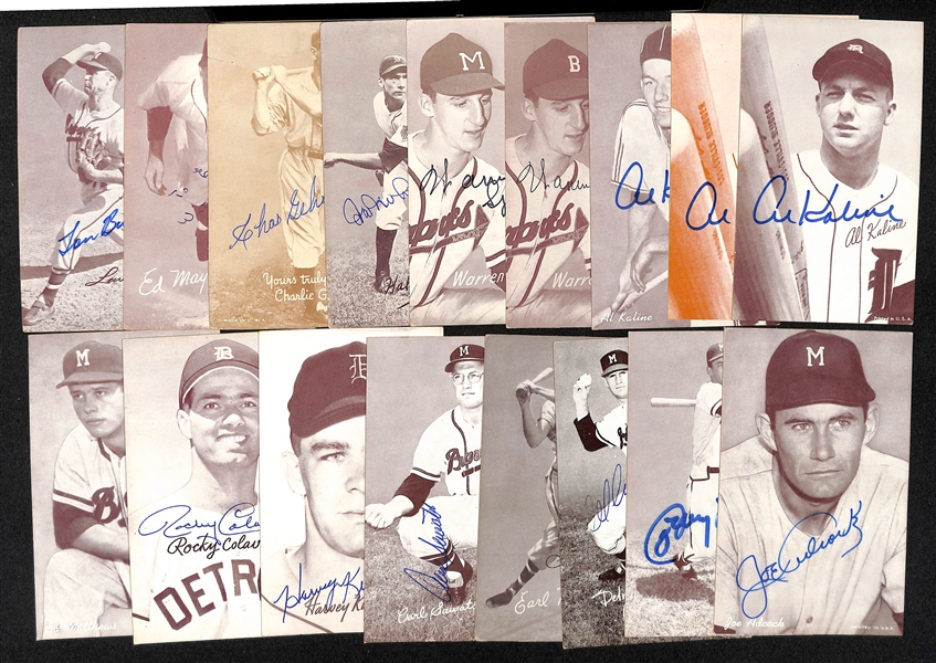 (17) Autographed Baseball Exhibit Cards w. Spahn, Mathews, Adcock, Kaline and Others (JSA Auction Letter) 