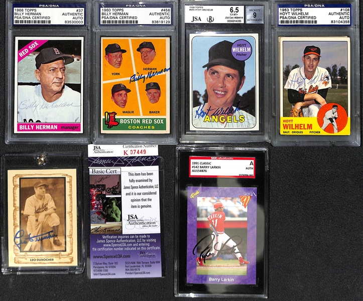 Lot of (8) Autographed Baseball Cards w. Billy Herman, Hoyt Wilhelm, Leo Durocher and Others (JSA Auction Letter)