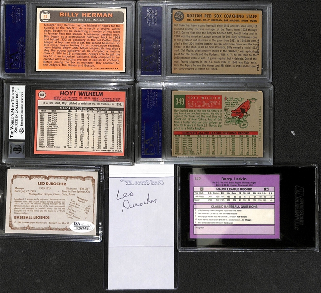 Lot of (8) Autographed Baseball Cards w. Billy Herman, Hoyt Wilhelm, Leo Durocher and Others (JSA Auction Letter)