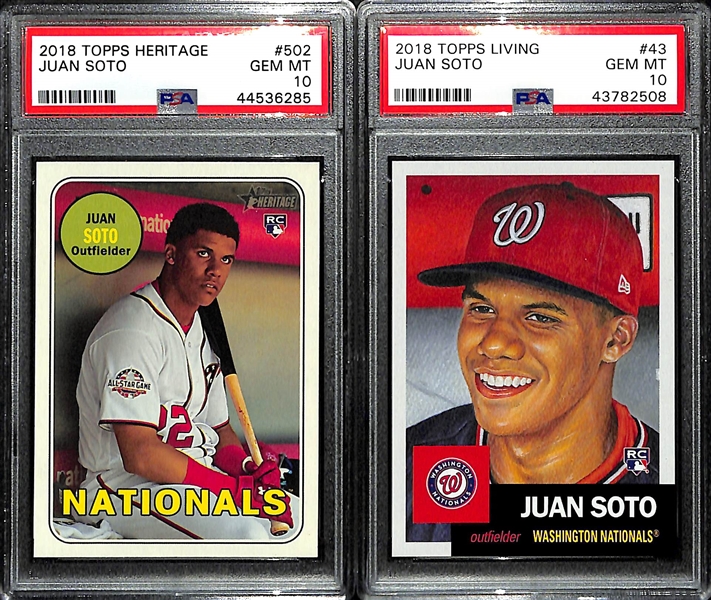 Lot of (2) PSA 10 Juan Soto Rookie Card - 2018 Topps Heritage #502 & Topps Living #43 - Both Gem Mint!  Great Investment Potential!