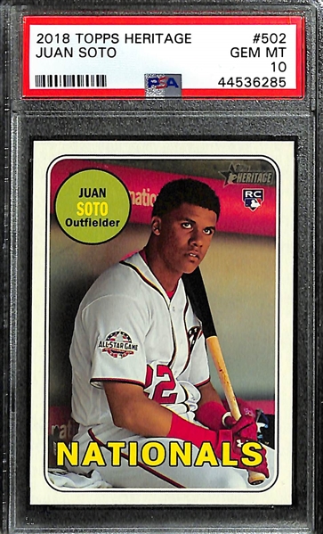 Lot of (2) PSA 10 Juan Soto Rookie Card - 2018 Topps Heritage #502 & Topps Living #43 - Both Gem Mint!  Great Investment Potential!