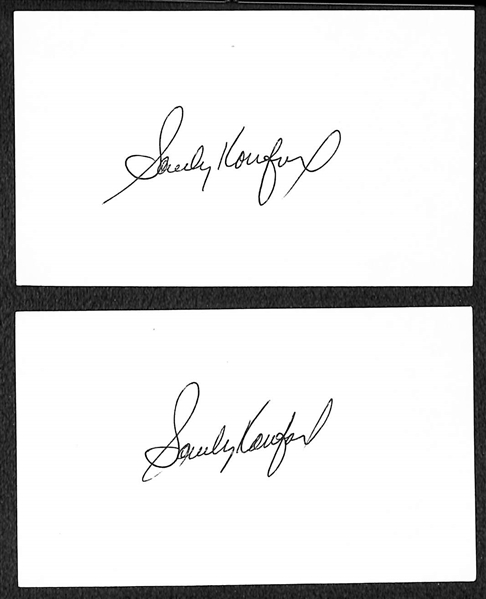Lot of (2) Sandy Koufax Autographed Index Cards (JSA Auction Letter)