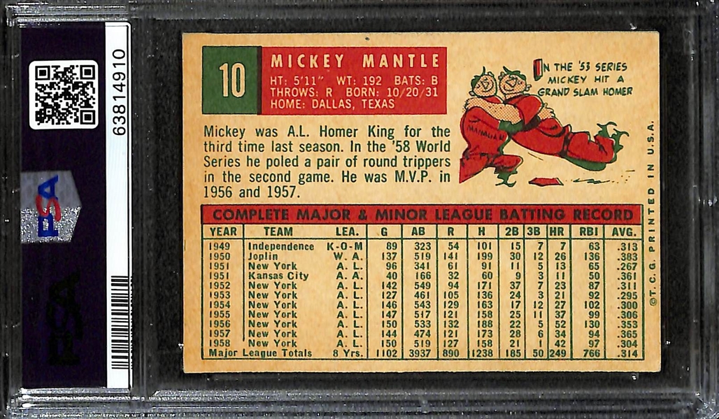 1959 Topps Mickey Mantle #10 Graded PSA 3 VG