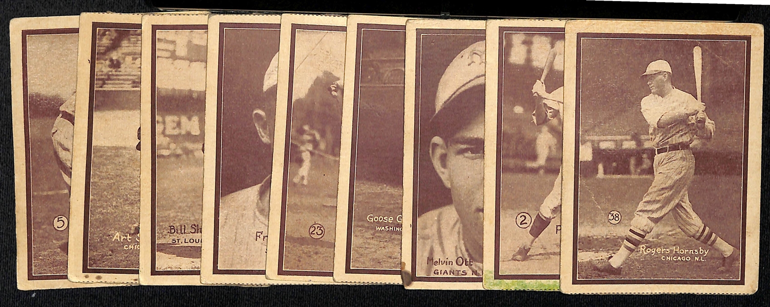 Lot of (9) 1931 W517 Baseball Cards w. Rogers Hornsby