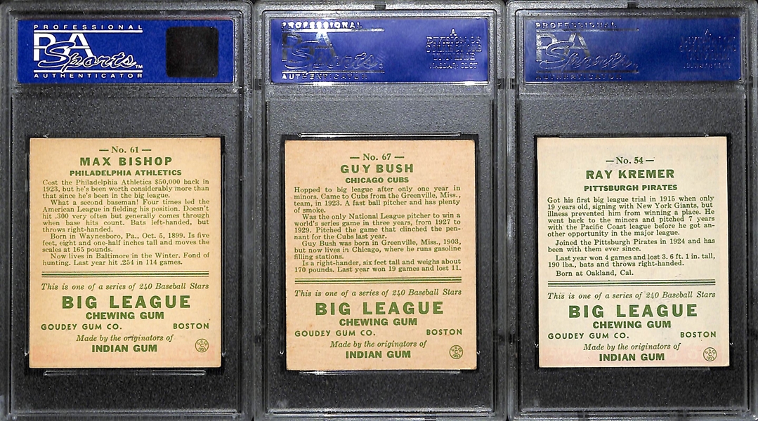 Lot of (3) 1933 PSA Graded Goudey Baseball w.  Max Bishop PSA 7, Guy Bush PSA 6 and  Ray Kremer PSA 6