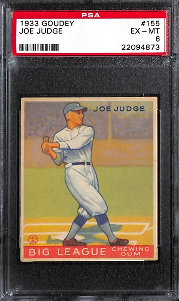 Lot of (3) PSA Graded 1933 Goudey Baseball w. Joe Judge PSA 6, Willis Hudlin PSA 6, and Bernie James PSA 6.5