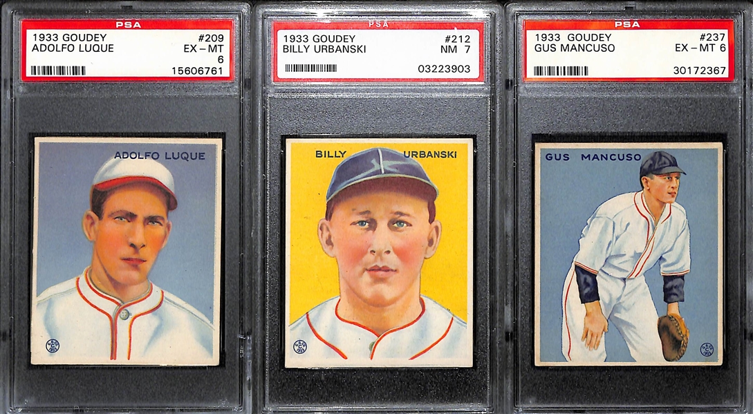 Lot of (3) PSA Graded 1933 Goudey Baseball w. Adolfo Luque PSA 6, Billy Urbanski PSA 7, and Gus Mancuso PSA 6