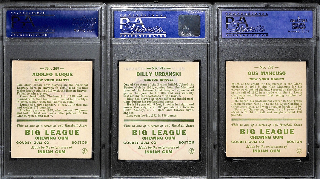 Lot of (3) PSA Graded 1933 Goudey Baseball w. Adolfo Luque PSA 6, Billy Urbanski PSA 7, and Gus Mancuso PSA 6