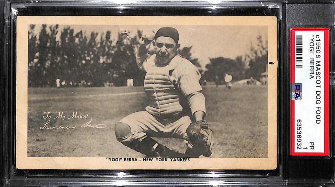 c. 1950s Mascot Dog Food Card Yogi Berra Iconic Pose PSA 1 (Only the 4th Known Example)