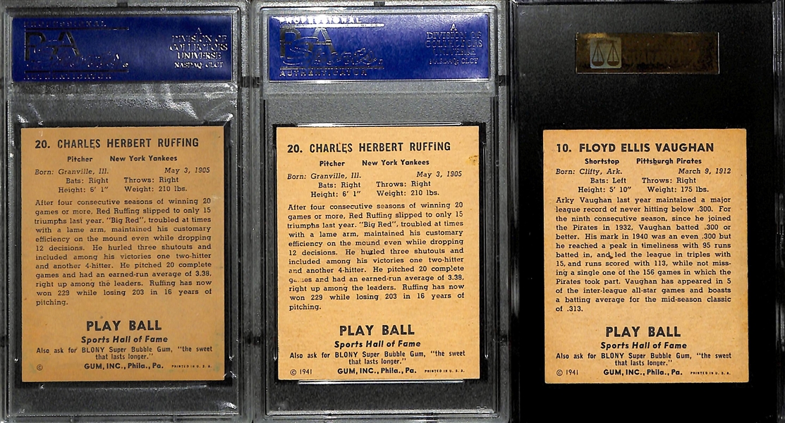 Lot of (3) Graded 1941 Play Ball w. Red Ruffing # 20 PSA 7.5 & 7 (OC), and Arky Vaugh # 10 SGC 6 