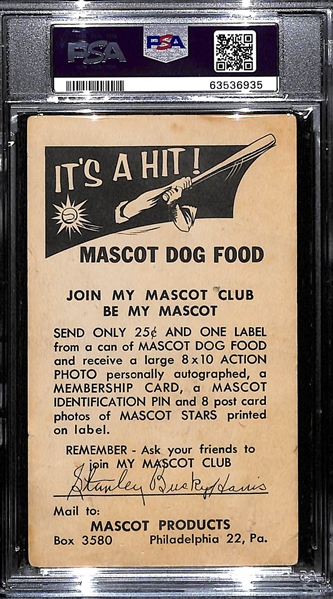 c. 1950s Mascot Dog Food Card Bucky Harris PSA 1 (Only the 2nd Known Example)