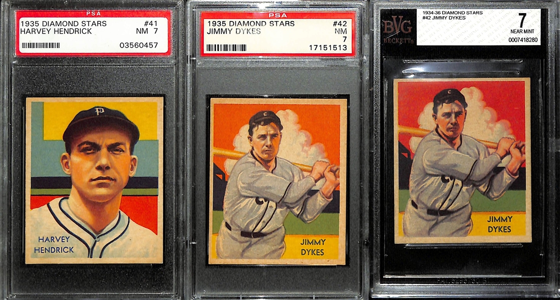 1935 Diamond Stars Harvey Hendrick # 41 PSA 7, and (2) Jimmy Dykes # 42 BVG 7 and PSA 7