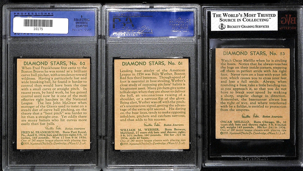 Lot of (3) Graded 1935 Diamond Stars w. Fred M. Frankhouse # 62 PSA 7 