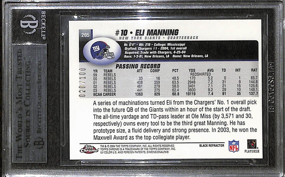 2004 Topps Chrome Eli Manning Black Refractor Rookie Card #20/100 Graded BGS 9 Mint