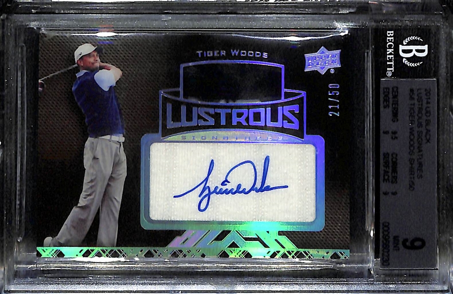 2004 Upper Deck Tiger Woods Black Lustrous Signatures and Game Used Shirt # 58 Graded BGS 9 w. 10 Autograph