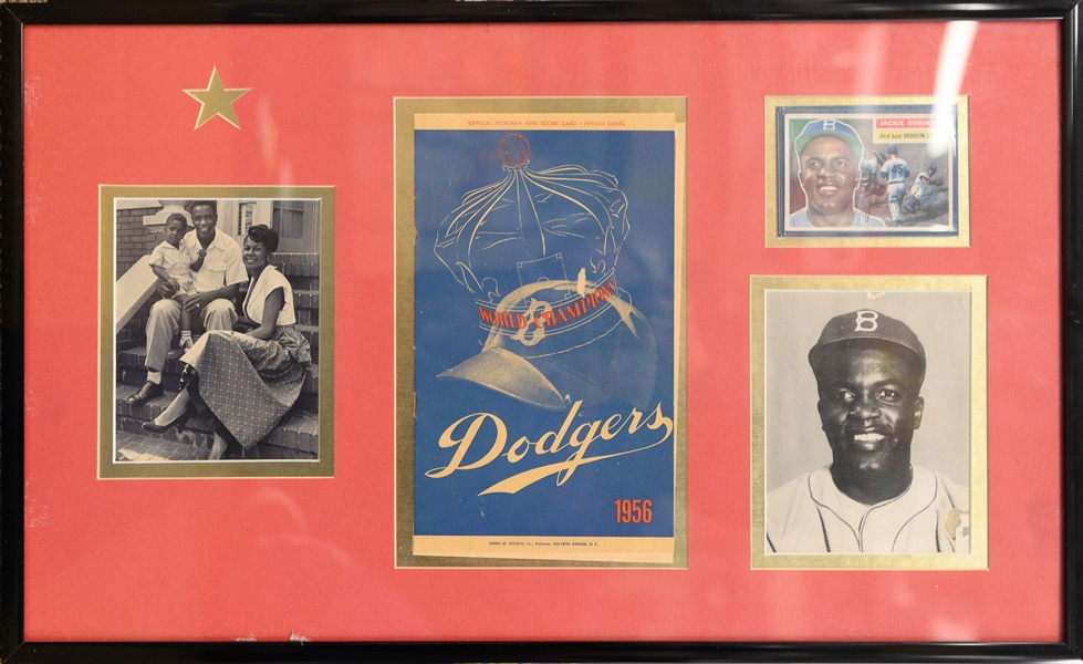 Jackie Robinson Autographed 1956 Score Card & 1956 Topps Card w/in 24x15 Framed Display (JSA Full Letter of Authenticity)
