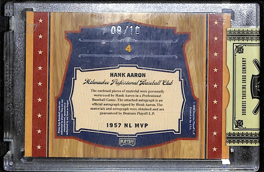 2008 Playoff Prime Cuts Hank Aaron #4 Autograph Triple Game-Used Bat Relic Card #ed 9/10