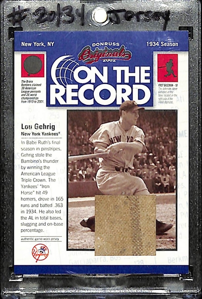 Rare 2002 Donruss Originals Lou Gehrig On the Record Major League Game-Used Jersey Relic Card #ed 20/34 (Shows Pinstripe From His Yankees Jersey!)
