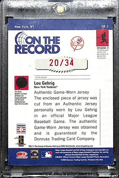 Rare 2002 Donruss Originals Lou Gehrig On the Record Major League Game-Used Jersey Relic Card #ed 20/34 (Shows Pinstripe From His Yankees Jersey!)