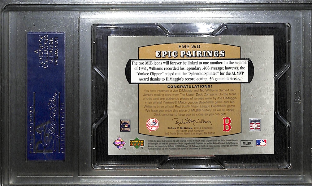 GEM MINT 2006 Upper Deck Epic Joe DiMaggio & Ted Williams Dual Bat/Jersey Game-Used Relic Pairing PSA 10 (#ed 42/45)