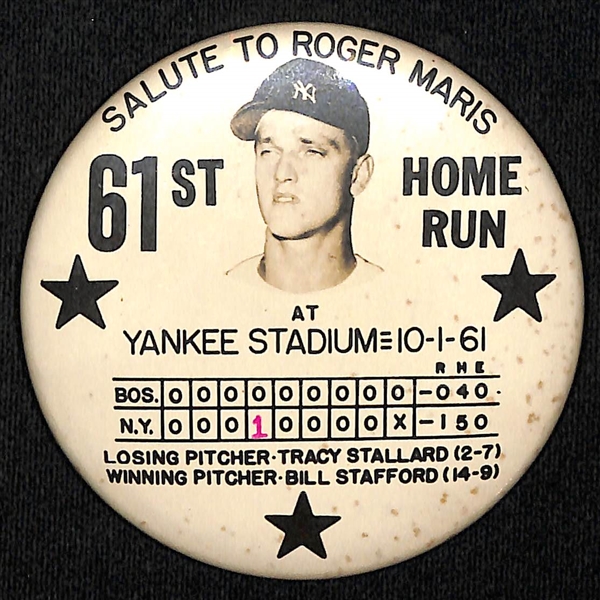 Rare 1961-1962 Original Salute to Roger Maris 61st Home Run Large 3.5 Stadium Pinback Pin (With Red 1 in 4th Inning)