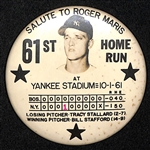 Rare 1961-1962 Original "Salute to Roger Maris 61st Home Run" Large 3.5" Stadium Pinback Pin (With Red "1" in 4th Inning)