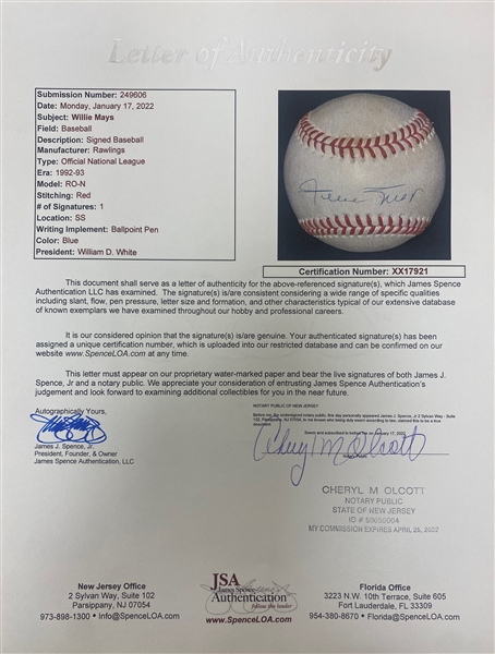 Willie Mays Signed Official National League Baseball - Full JSA Letter
