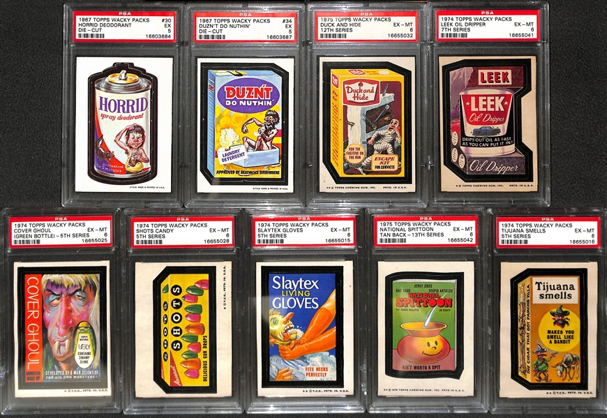 Lot of (9) 1967 and 1974 Topps Wacky Packs PSA Graded Cards w. 1967 Horrid Deodorant and Duzn't Do Nuthin' Die-Cuts Both Graded PSA 5