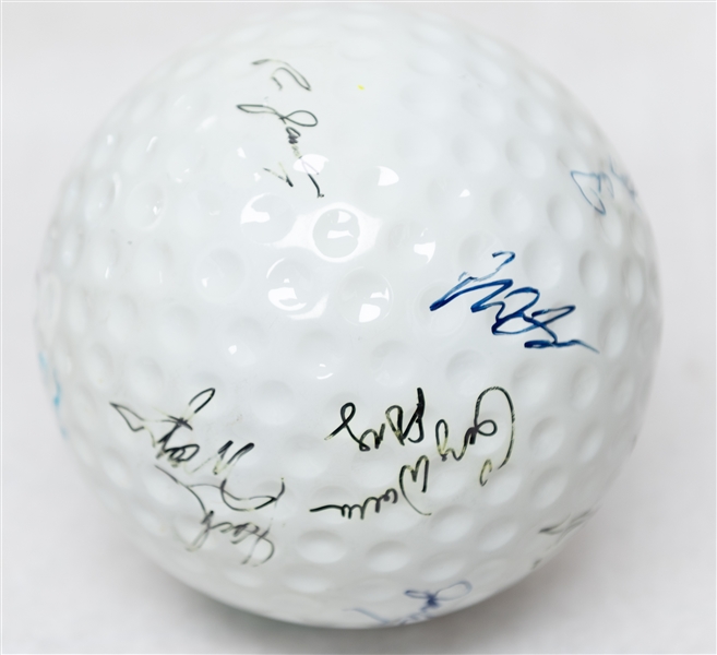 Oversized Golf Ball w. 14 Celebrity Signatures Inc. John Elway, Jerry Rice, Gary Carter, R. Fingers, J. McMahon, J. Theismann, + (JSA Auction Letter)(JSA Auction Letter)