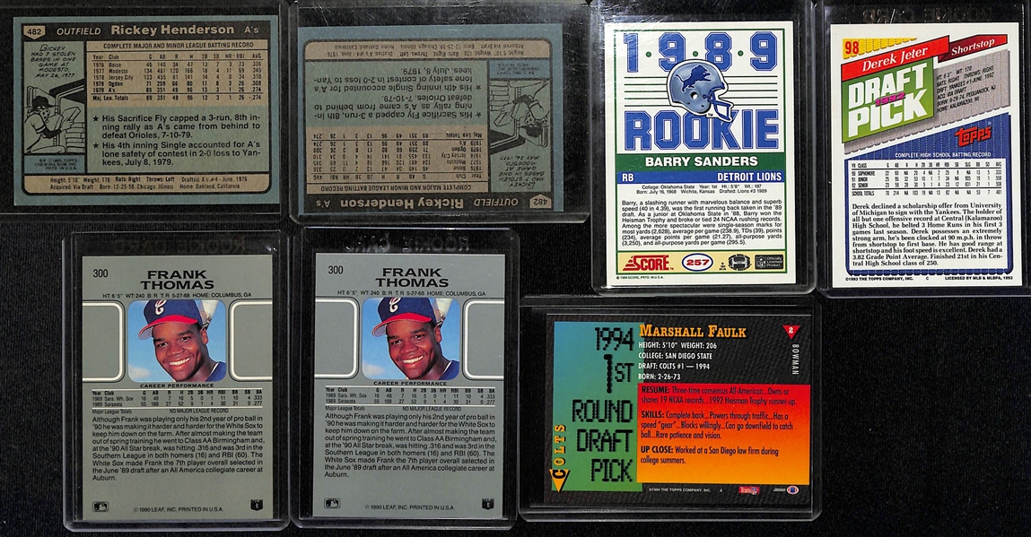 (7) Mixed Sports Rookie Stars and HOFers w. (2) 1980 Topps Rickey Henderson, 1989 Score Barry Sanders, 1992 Topps Derek Jeter, +