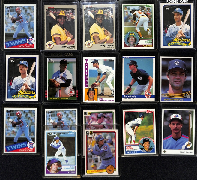 Lot of (17) Baseball Hall of Fame Rookie Cards w. Gwynn, Puckett, Mattingly, Clemens, Griffey Jr., Johnson, Sandberg and Boggs
